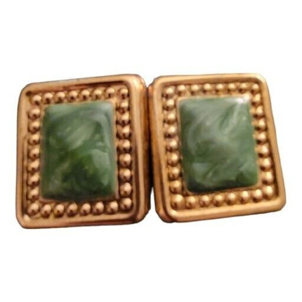 Vintage Goltone Thin Metal Pierced Earrings With Green Center